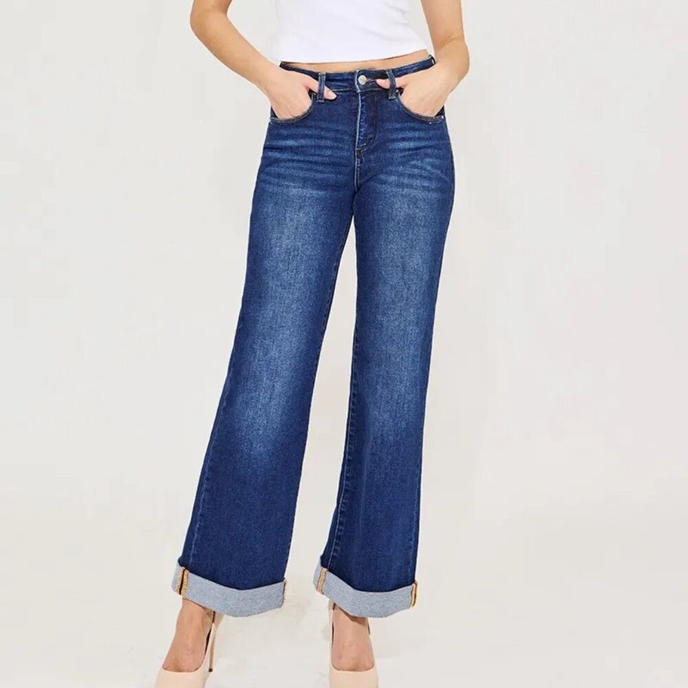 RISEN Full Size Tummy Control High Rise Wide Leg‎ Cuffed Jeans Plus Size
